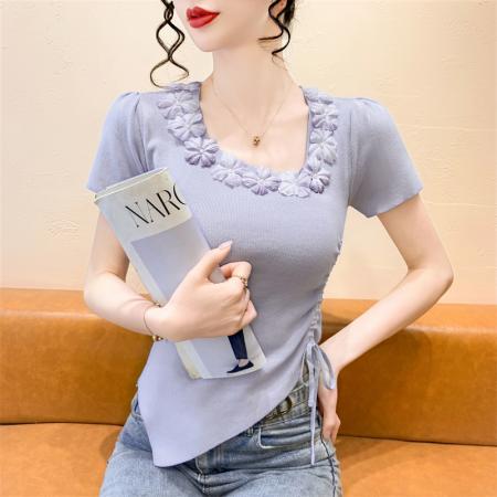 FA38574# 立体花朵不规则短袖针织衫夏季新款修身显瘦抽绳上衣 服裝批發女裝批發服飾貨源