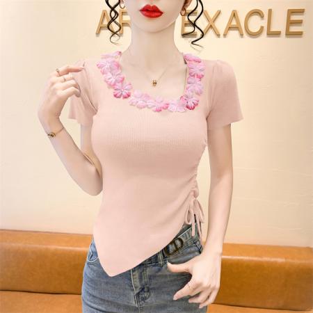 FA38574# 立体花朵不规则短袖针织衫夏季新款修身显瘦抽绳上衣 服裝批發女裝批發服飾貨源
