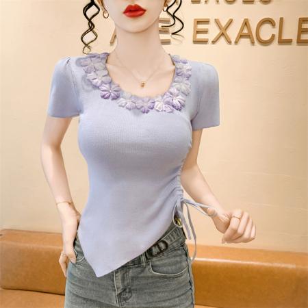 FA38574# 立体花朵不规则短袖针织衫夏季新款修身显瘦抽绳上衣 服裝批發女裝批發服飾貨源