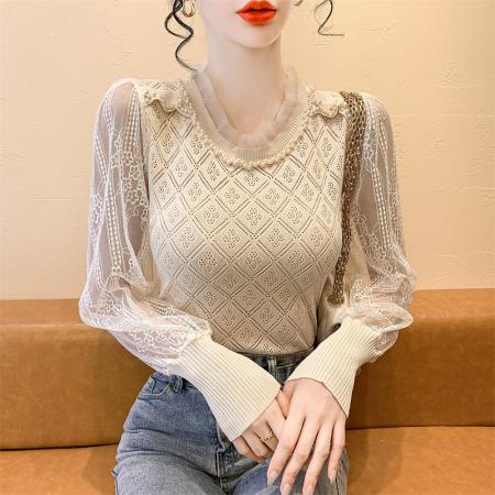 FA38576# 秋冬新款时尚气质花边蕾丝拼接订珠针织长袖毛衣 服裝批發女裝批發服飾貨源
