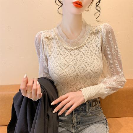 FA38576# 秋冬新款时尚气质花边蕾丝拼接订珠针织长袖毛衣 服裝批發女裝批發服飾貨源