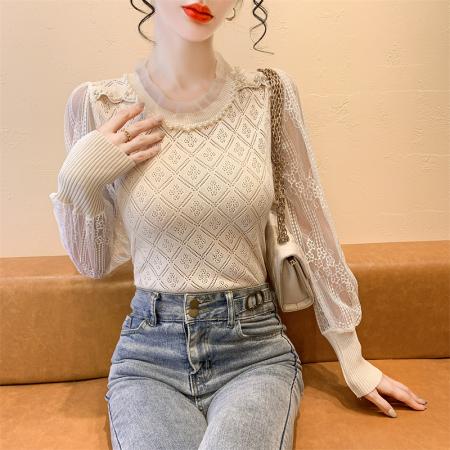 FA38576# 秋冬新款时尚气质花边蕾丝拼接订珠针织长袖毛衣 服裝批發女裝批發服飾貨源
