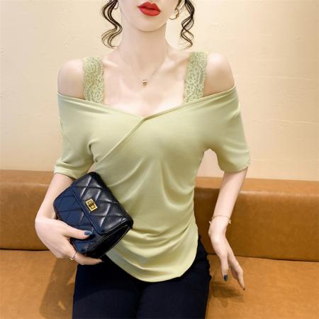 FA38577# 法式一字肩蕾丝拼接夏季显瘦短袖修身T恤打底上衣 服裝批發女裝批發服飾貨源