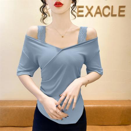 FA38577# 法式一字肩蕾丝拼接夏季显瘦短袖修身T恤打底上衣 服裝批發女裝批發服飾貨源