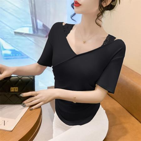 FA38577# 法式一字肩蕾丝拼接夏季显瘦短袖修身T恤打底上衣 服裝批發女裝批發服飾貨源