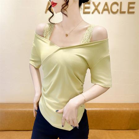 FA38577# 法式一字肩蕾丝拼接夏季显瘦短袖修身T恤打底上衣 服裝批發女裝批發服飾貨源