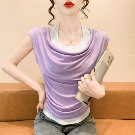 FA38578# 法式气质撞色设计感挂脖荡领露肩夏季短袖休闲假两件T恤上衣 服裝批發女裝批發服飾貨源