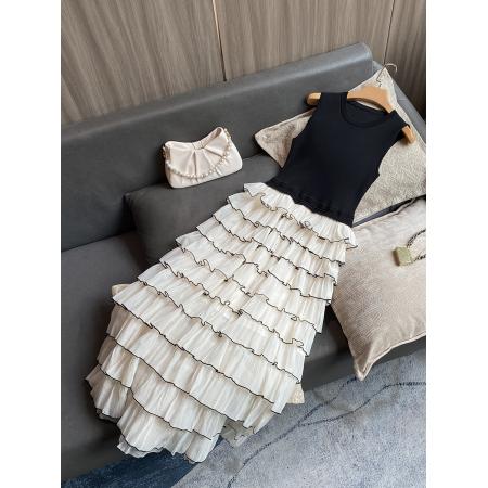FA38587# 圆领无袖针织拼接网纱荷叶边假两件蛋糕连衣裙 服裝批發女裝批發服飾貨源