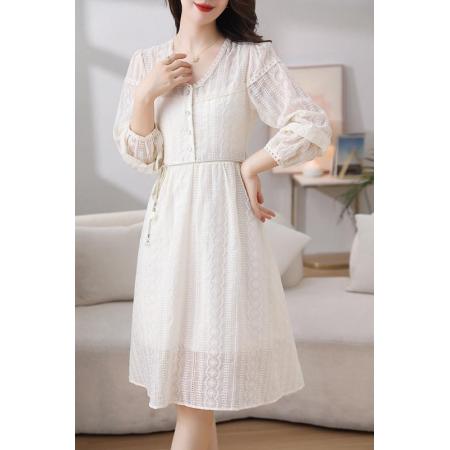 FA38589# V领米色连衣裙女年春季新款文艺收腰显瘦中长款蕾丝裙子 服裝批發女裝批發服飾貨源