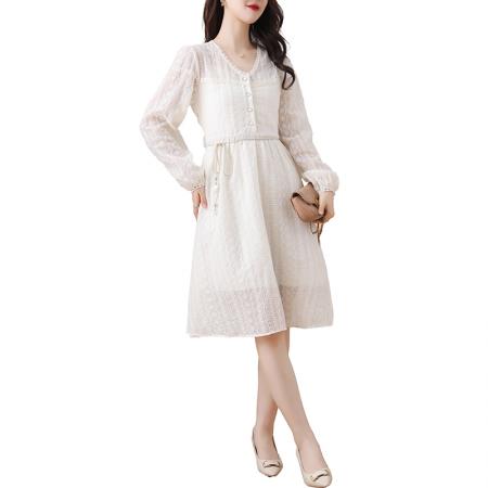 FA38589# V领米色连衣裙女年春季新款文艺收腰显瘦中长款蕾丝裙子 服裝批發女裝批發服飾貨源
