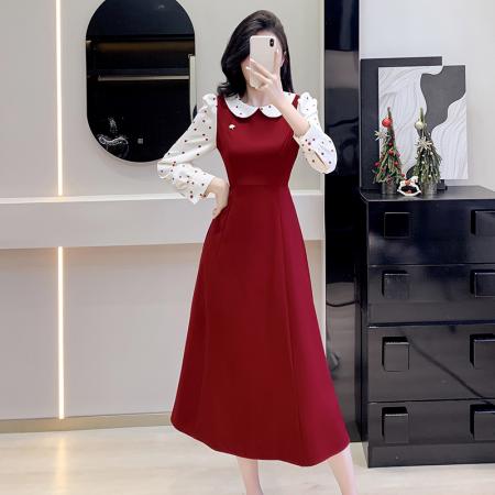 FA38591# 红茶布蕾娃娃领波点收腰连衣裙女春秋新款法式千金长裙 服裝批發女裝批發服飾貨源