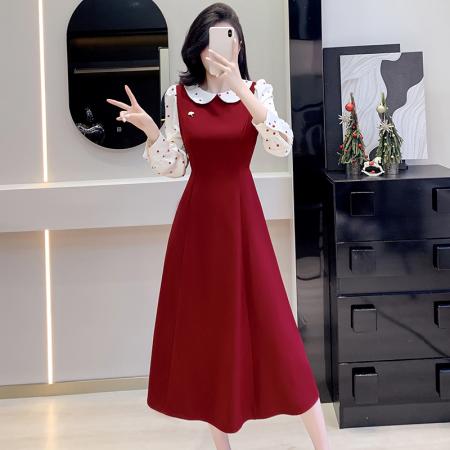 FA38591# 红茶布蕾娃娃领波点收腰连衣裙女春秋新款法式千金长裙 服裝批發女裝批發服飾貨源