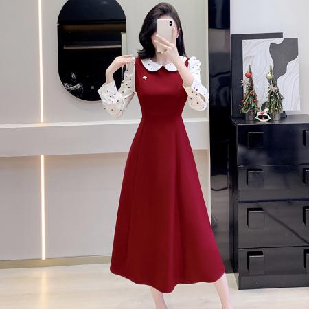 FA38591# 红茶布蕾娃娃领波点收腰连衣裙女春秋新款法式千金长裙 服裝批發女裝批發服飾貨源