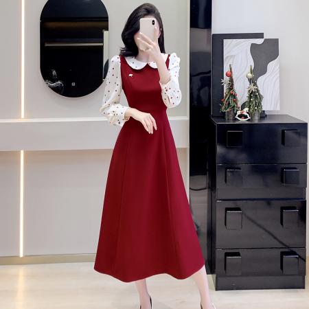 FA38591# 红茶布蕾娃娃领波点收腰连衣裙女春秋新款法式千金长裙 服裝批發女裝批發服飾貨源