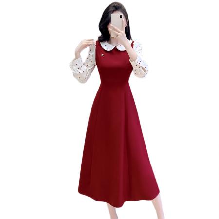 FA38591# 红茶布蕾娃娃领波点收腰连衣裙女春秋新款法式千金长裙 服裝批發女裝批發服飾貨源