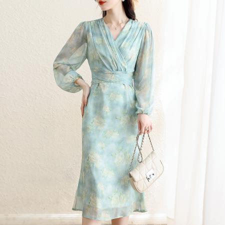 FA38593# 温柔风法式灯笼袖显瘦印花连衣裙薄荷绿神明少女长袖裙子 服裝批發女裝批發服飾貨源