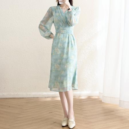 FA38593# 温柔风法式灯笼袖显瘦印花连衣裙薄荷绿神明少女长袖裙子 服裝批發女裝批發服飾貨源