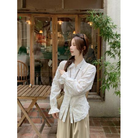 FA38596# 秋季韩系提花POLO领衬衫女气质不规则系带收腰显瘦上衣 服裝批發女裝批發服飾貨源