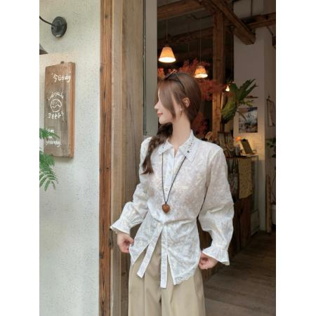 FA38596# 秋季韩系提花POLO领衬衫女气质不规则系带收腰显瘦上衣 服裝批發女裝批發服飾貨源