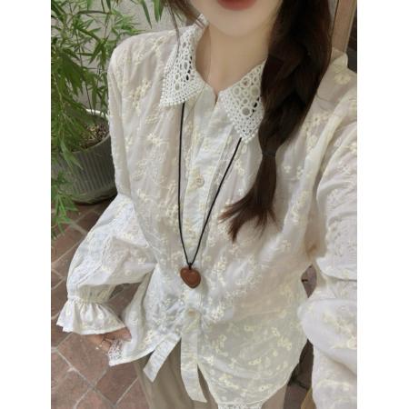 FA38596# 秋季韩系提花POLO领衬衫女气质不规则系带收腰显瘦上衣 服裝批發女裝批發服飾貨源