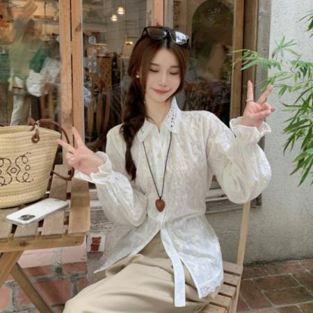 FA38596# 秋季韩系提花POLO领衬衫女气质不规则系带收腰显瘦上衣 服裝批發女裝批發服飾貨源