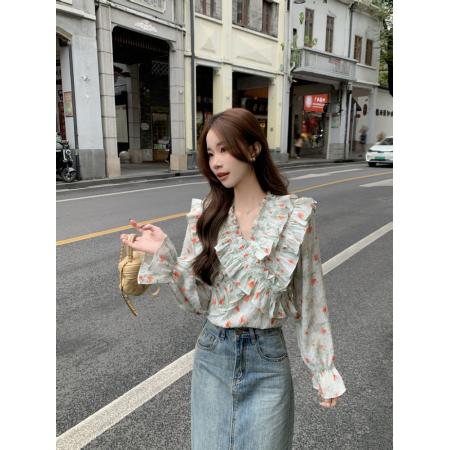 FA38598# 秋季V领气质荷叶边上衣女宽松薄款蓝色印花雪纺衬衫 服裝批發女裝批發服飾貨源