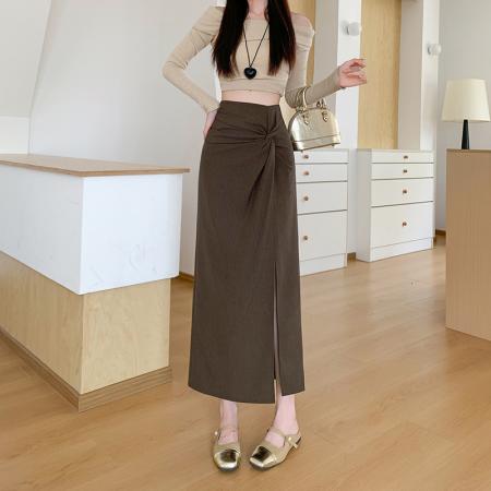 FA38603# 视频黑色开叉秋新品半身裙子设计感抽褶高腰中长款直筒包臀裙 服裝批發女裝批發服飾貨源