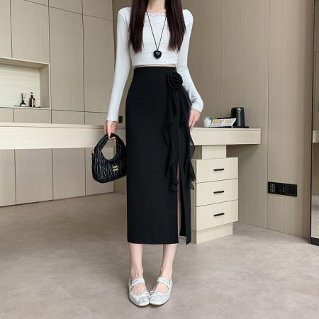 FA38606# 视频秋设计感立体花朵装饰半身裙开叉包臀裙后拉链一步中长裙 服裝批發女裝批發服飾貨源