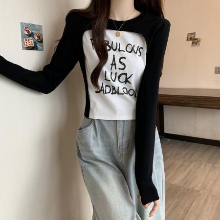 FA38607# 秋款大码长袖T恤女拼接圆领印花字母设计感上衣 服裝批發女裝批發服飾貨源