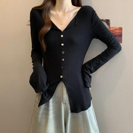 FA38608# 大码小众设计感V领喇叭袖针织T恤女秋冬收腰显瘦长袖上衣 服裝批發女裝批發服飾貨源