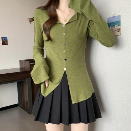FA38608# 大码小众设计感V领喇叭袖针织T恤女秋冬收腰显瘦长袖上衣 服裝批發女裝批發服飾貨源