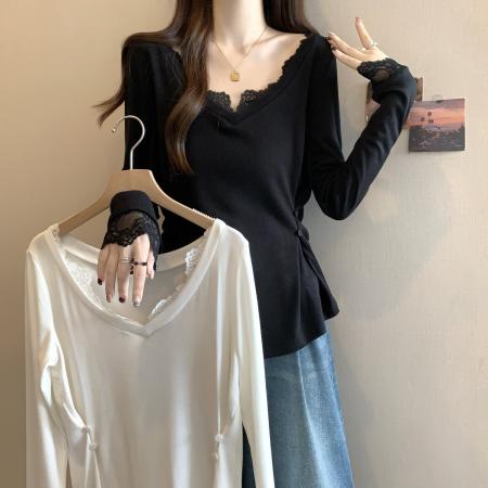 FA38609# 大码胖MM纯欲风蕾丝拼接长袖秋季掐腰修身设计感上衣 服裝批發女裝批發服飾貨源