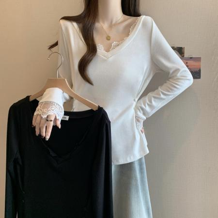FA38609# 大码胖MM纯欲风蕾丝拼接长袖秋季掐腰修身设计感上衣 服裝批發女裝批發服飾貨源