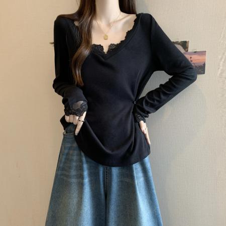 FA38609# 大码胖MM纯欲风蕾丝拼接长袖秋季掐腰修身设计感上衣 服裝批發女裝批發服飾貨源