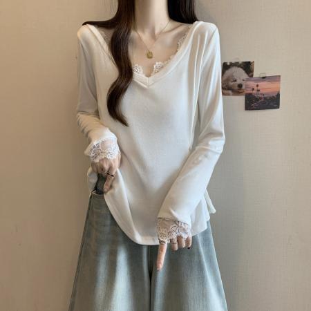 FA38609# 大码胖MM纯欲风蕾丝拼接长袖秋季掐腰修身设计感上衣 服裝批發女裝批發服飾貨源