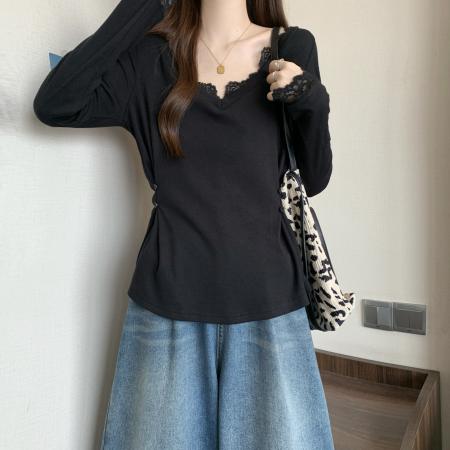 FA38609# 大码胖MM纯欲风蕾丝拼接长袖秋季掐腰修身设计感上衣 服裝批發女裝批發服飾貨源