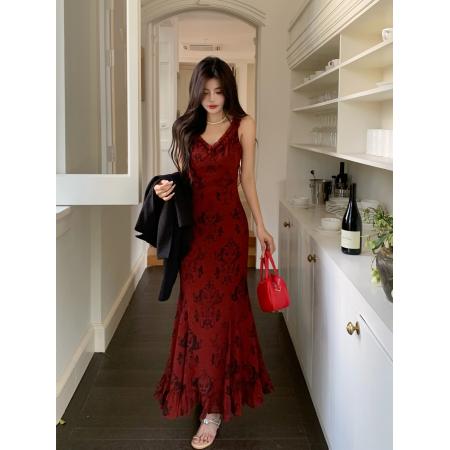 FA38611# 暮烟玫瑰浪漫印花收腰鱼尾长款连衣裙女新款秋季显瘦连衣裙子 服裝批發女裝批發服飾貨源