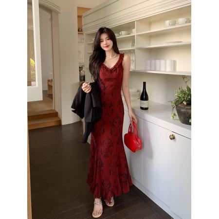 FA38611# 暮烟玫瑰浪漫印花收腰鱼尾长款连衣裙女新款秋季显瘦连衣裙子 服裝批發女裝批發服飾貨源