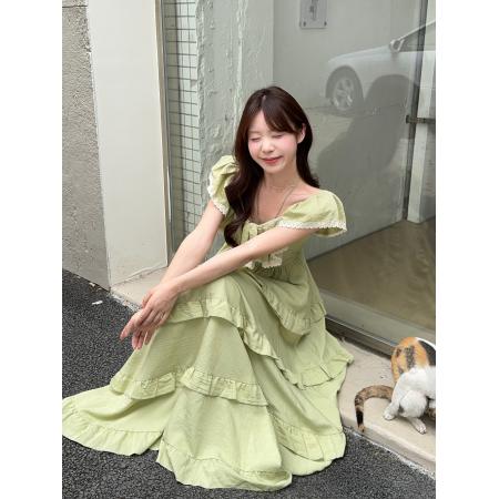 FA38612# 法式度假风连衣裙女夏季新款一字领收腰显瘦蛋糕裙中长款裙子 服裝批發女裝批發服飾貨源