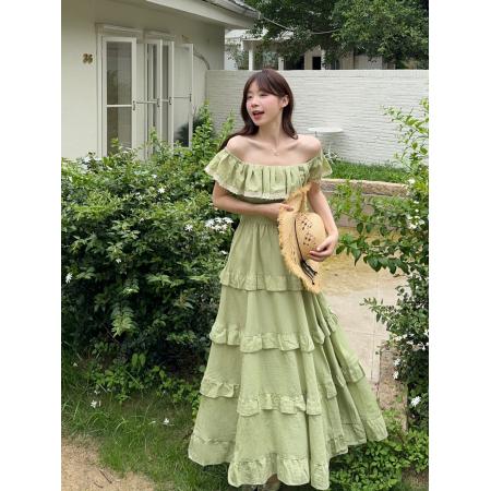 FA38612# 法式度假风连衣裙女夏季新款一字领收腰显瘦蛋糕裙中长款裙子 服裝批發女裝批發服飾貨源