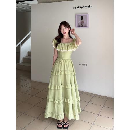 FA38612# 法式度假风连衣裙女夏季新款一字领收腰显瘦蛋糕裙中长款裙子 服裝批發女裝批發服飾貨源