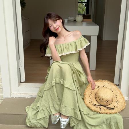 FA38612# 法式度假风连衣裙女夏季新款一字领收腰显瘦蛋糕裙中长款裙子 服裝批發女裝批發服飾貨源