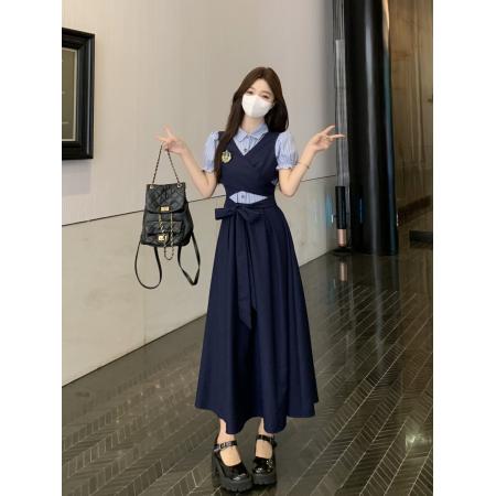 FA38615# 英伦学院风夏季拼接假两件收腰减龄气质polo领长款连衣裙女 服裝批發女裝批發服飾貨源