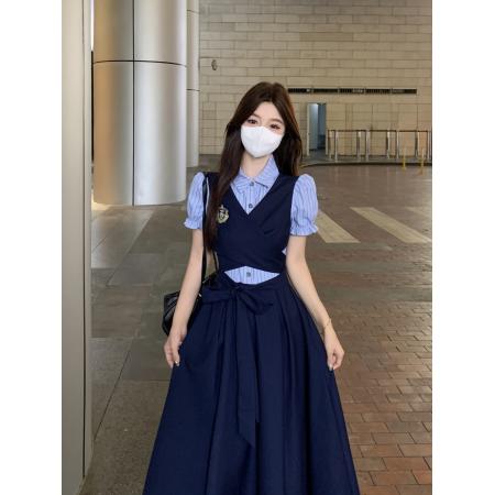 FA38615# 英伦学院风夏季拼接假两件收腰减龄气质polo领长款连衣裙女 服裝批發女裝批發服飾貨源