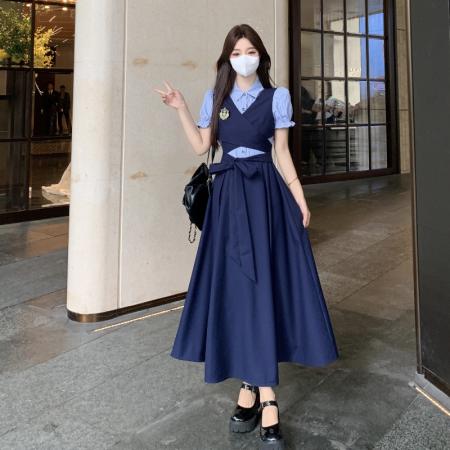 FA38615# 英伦学院风夏季拼接假两件收腰减龄气质polo领长款连衣裙女 服裝批發女裝批發服飾貨源