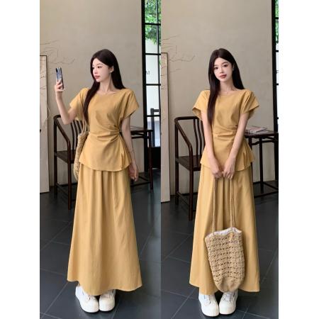 FA38616# 法式气质系带收腰短袖上衣女夏季极简知性风高腰半身裙两件套 服裝批發女裝批發服飾貨源