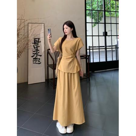 FA38616# 法式气质系带收腰短袖上衣女夏季极简知性风高腰半身裙两件套 服裝批發女裝批發服飾貨源