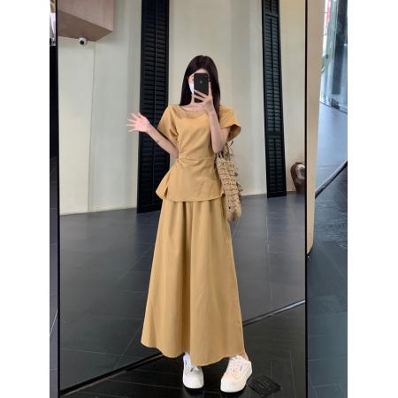 FA38616# 法式气质系带收腰短袖上衣女夏季极简知性风高腰半身裙两件套 服裝批發女裝批發服飾貨源