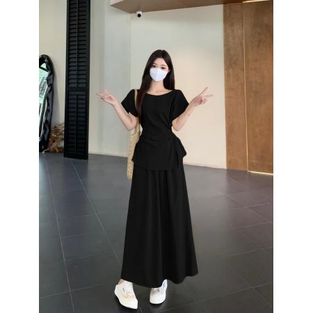 FA38616# 法式气质系带收腰短袖上衣女夏季极简知性风高腰半身裙两件套 服裝批發女裝批發服飾貨源