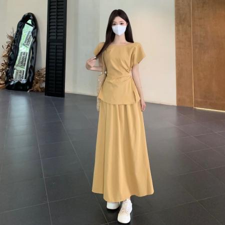 FA38616# 法式气质系带收腰短袖上衣女夏季极简知性风高腰半身裙两件套 服裝批發女裝批發服飾貨源